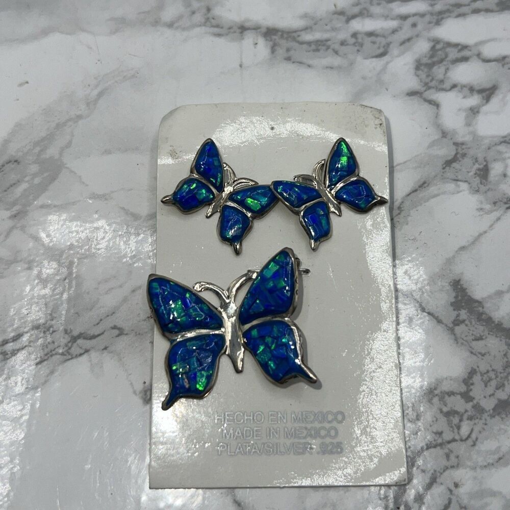 SILVER Deep Blue Iridescent Enamel Inlay Butterfly Pendant Earrings Set